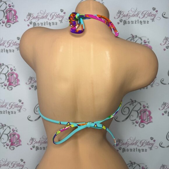 xhilaration bikini top beaded tropical neon flowers beach swimming tie up bright - Picture 3 of 9